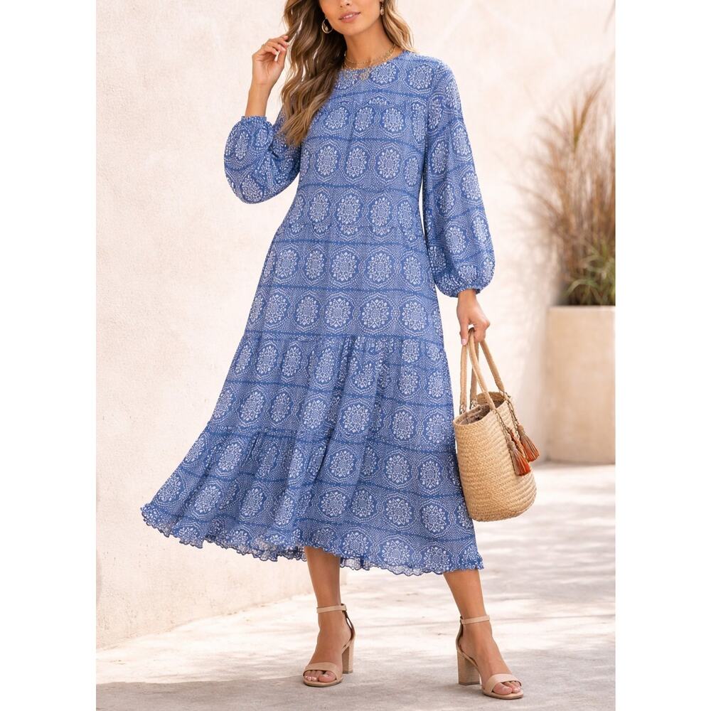 KOPAL Indigo Blue Boho Tiered Maxi Dress Women’s M Handmade Cotton